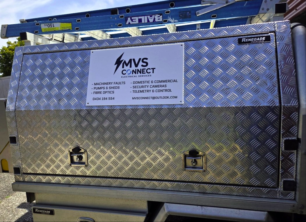 MVS Connect signed ute canopy listing services: machinery faults, pumps and sheds, fibre optics, domestic and commercial, security cameras, telemetry and control