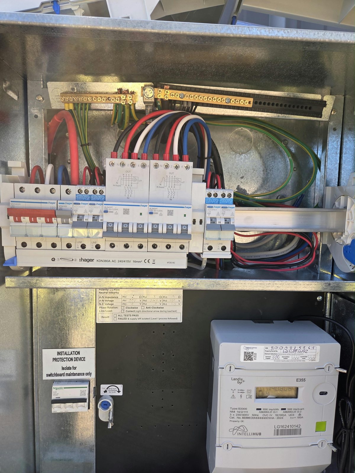 Three-phase switchboard with RCBOs and smart meter installed and tested by MVS Connect